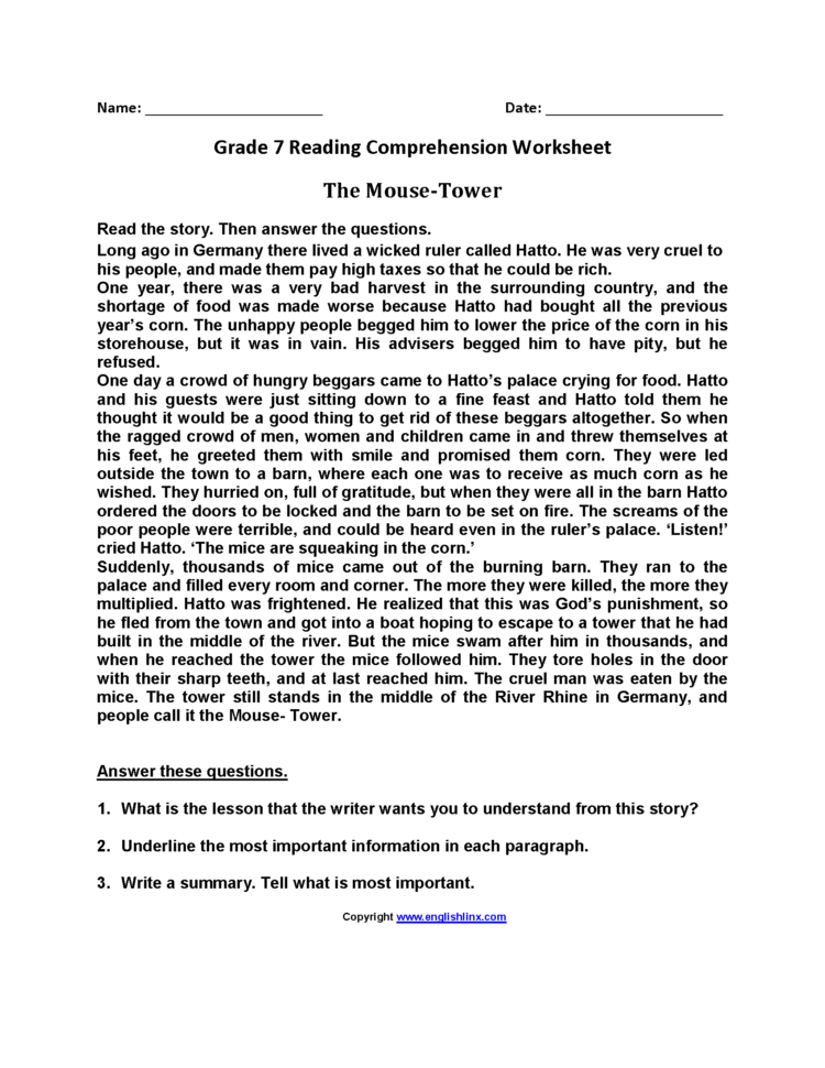 Reading Worksheets  Seventh Grade Reading Worksheets