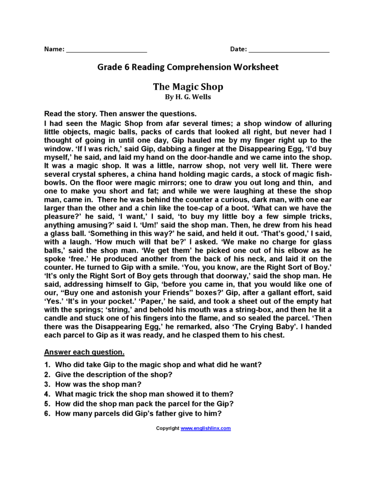 Reading Worksheets  Sixth Grade Reading Worksheets