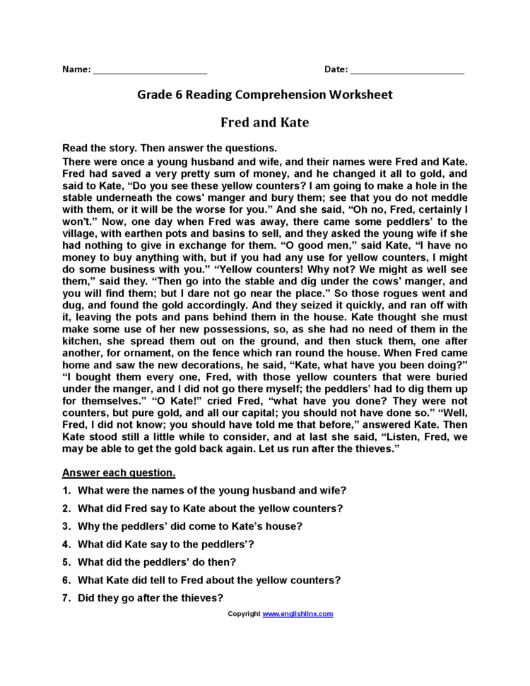 Reading Worksheets  Sixth Grade Reading Worksheets