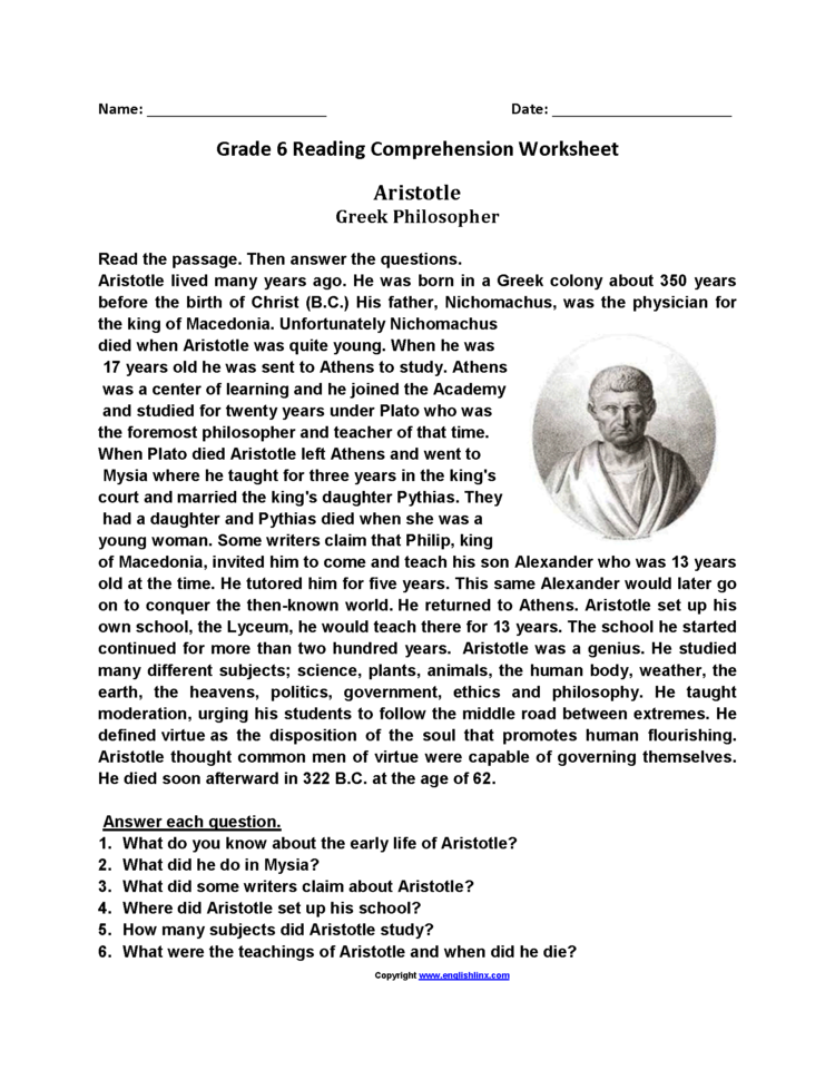 Reading Worksheets  Sixth Grade Reading Worksheets