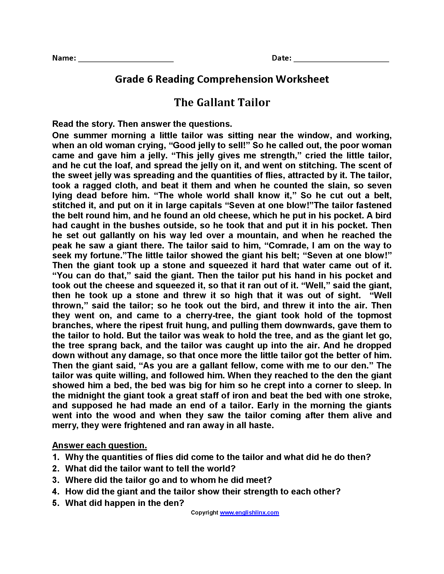 6Th Grade Reading Comprehension Worksheets Pdf — db-excel.com