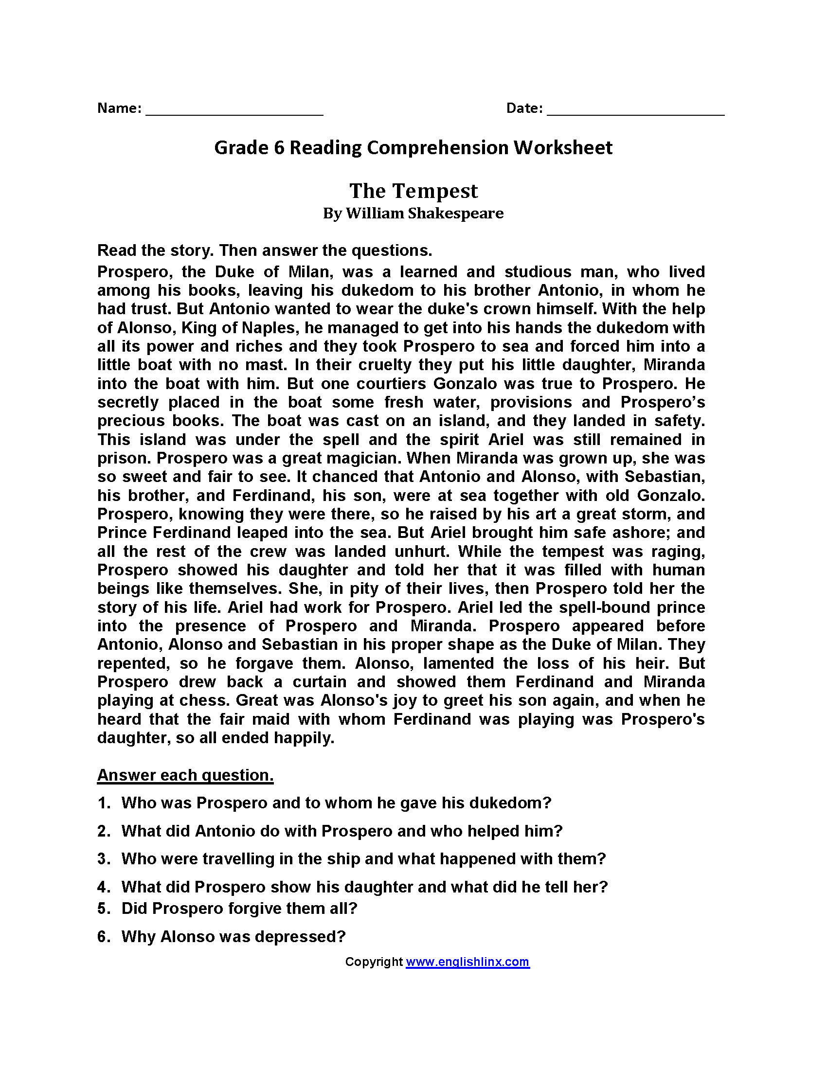Reading Worksheets  Sixth Grade Reading Worksheets
