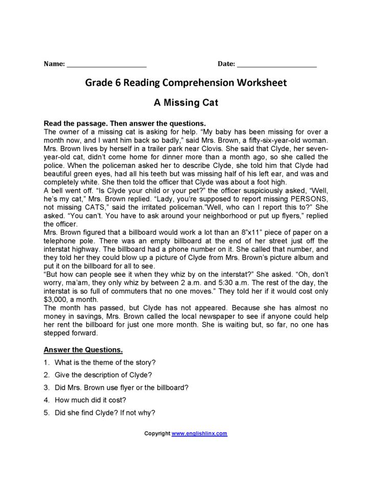 Year 6 Reading Comprehension Worksheets — Db-excel.com