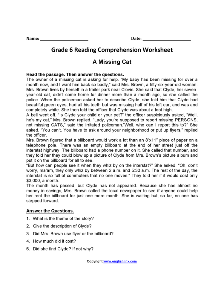 Reading Worksheets  Sixth Grade Reading Worksheets