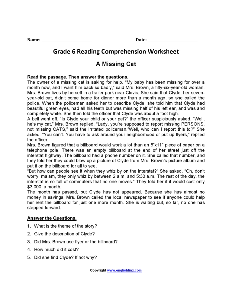 Year 6 Reading Comprehension Worksheets — db-excel.com