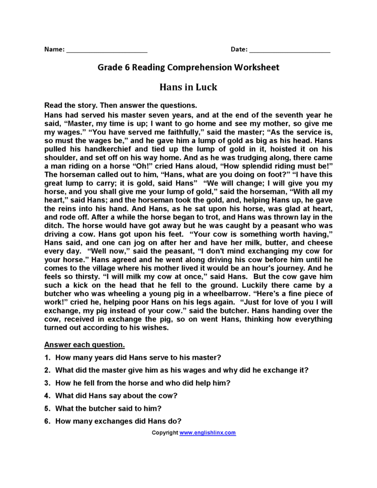 Reading Worksheets  Sixth Grade Reading Worksheets Reading Worksheets  Sixth Grade Reading Worksheets