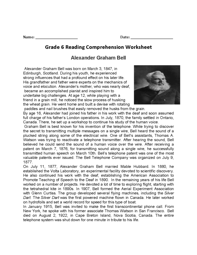 Reading Worksheets  Sixth Grade Reading Worksheets