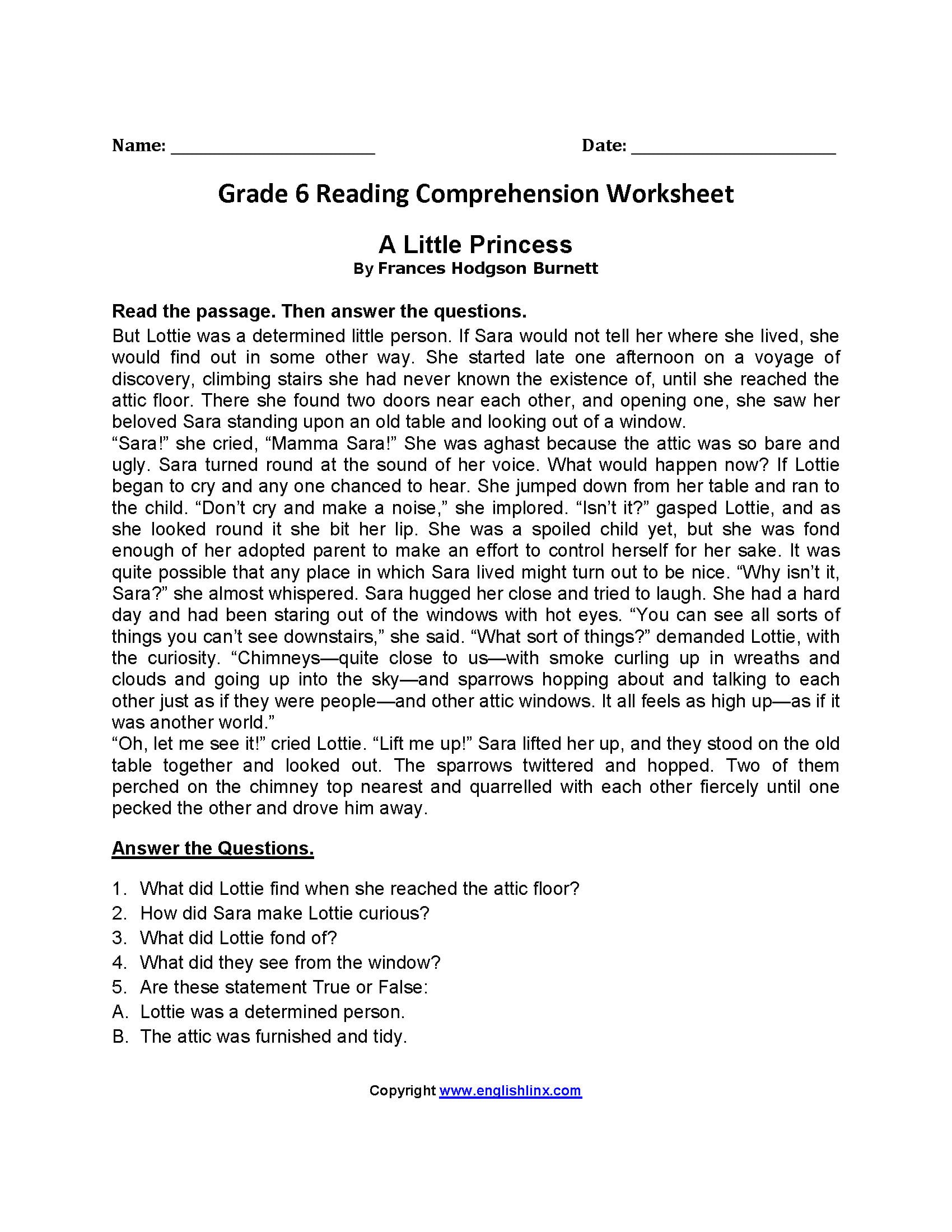 Reading Worksheets  Sixth Grade Reading Worksheets