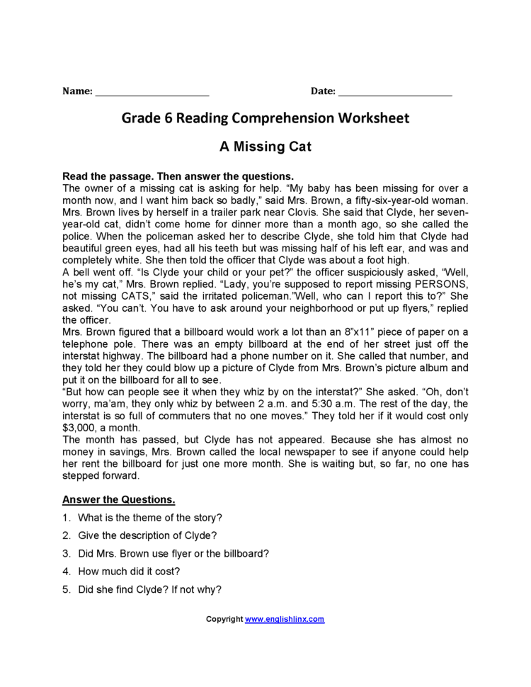 Reading Worksheets  Sixth Grade Reading Worksheets
