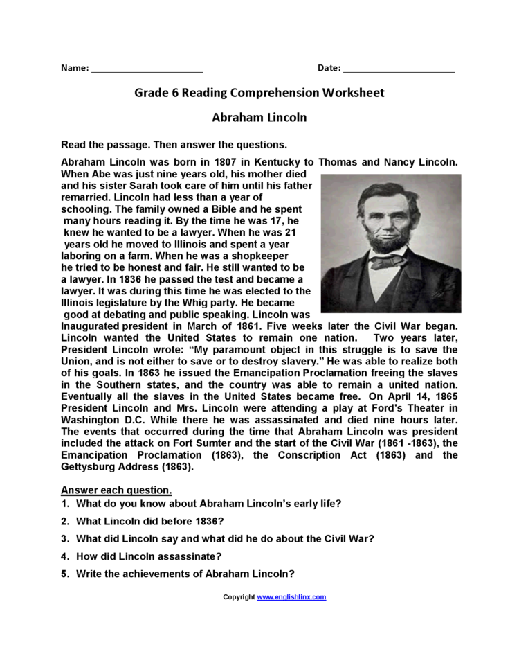 Reading Worksheets  Sixth Grade Reading Worksheets
