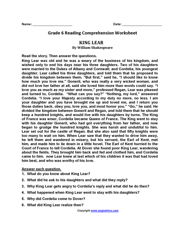 Reading Worksheets  Sixth Grade Reading Worksheets