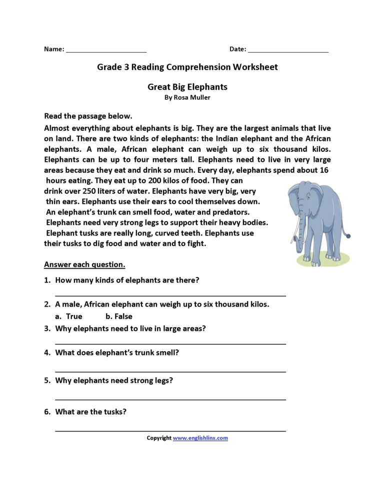 Reading Worksheets  Third Grade Reading Worksheets