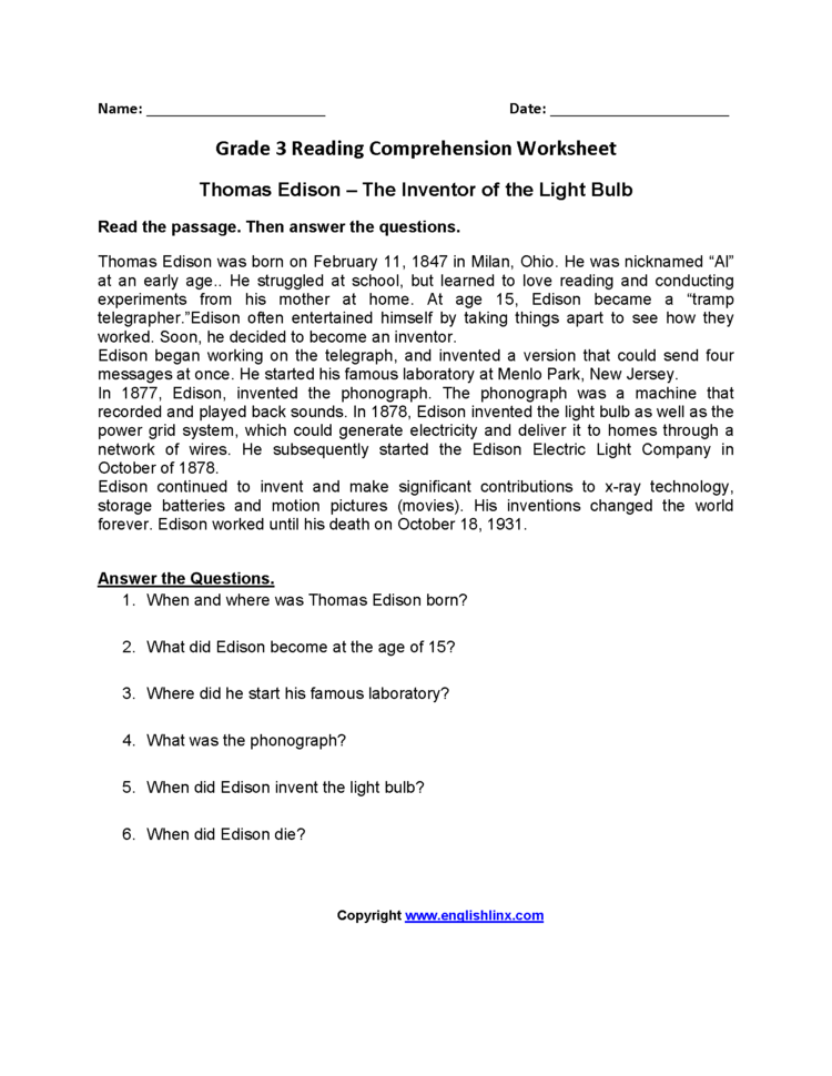 Reading Worksheets  Third Grade Reading Worksheets