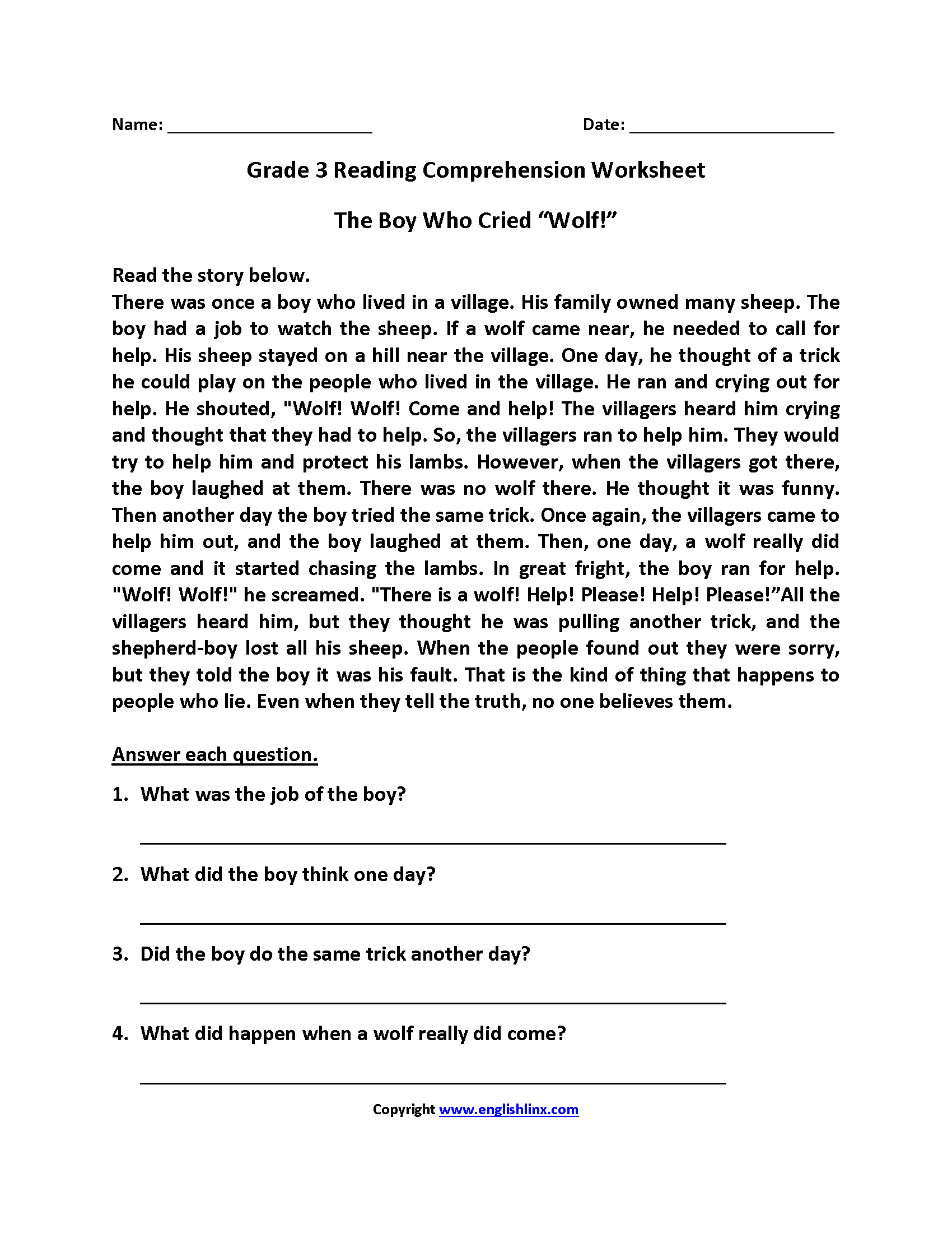 3Rd Grade Reading Comprehension Worksheets — db-excel.com