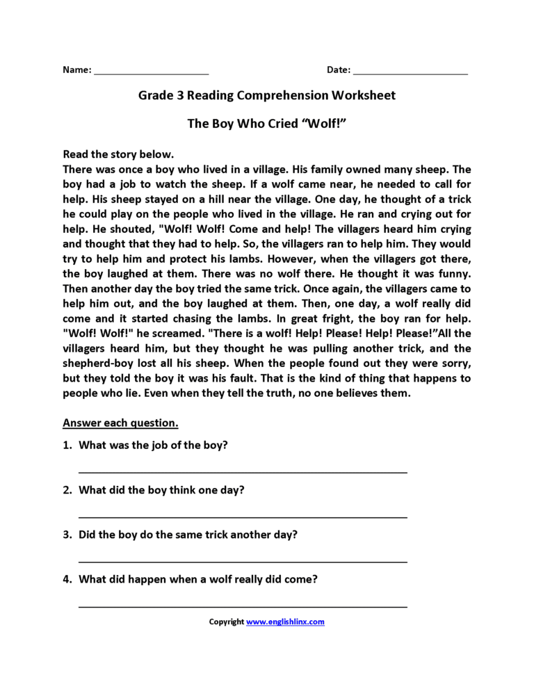 Reading Comprehension Worksheets For Grade 3 Pdf — db-excel.com