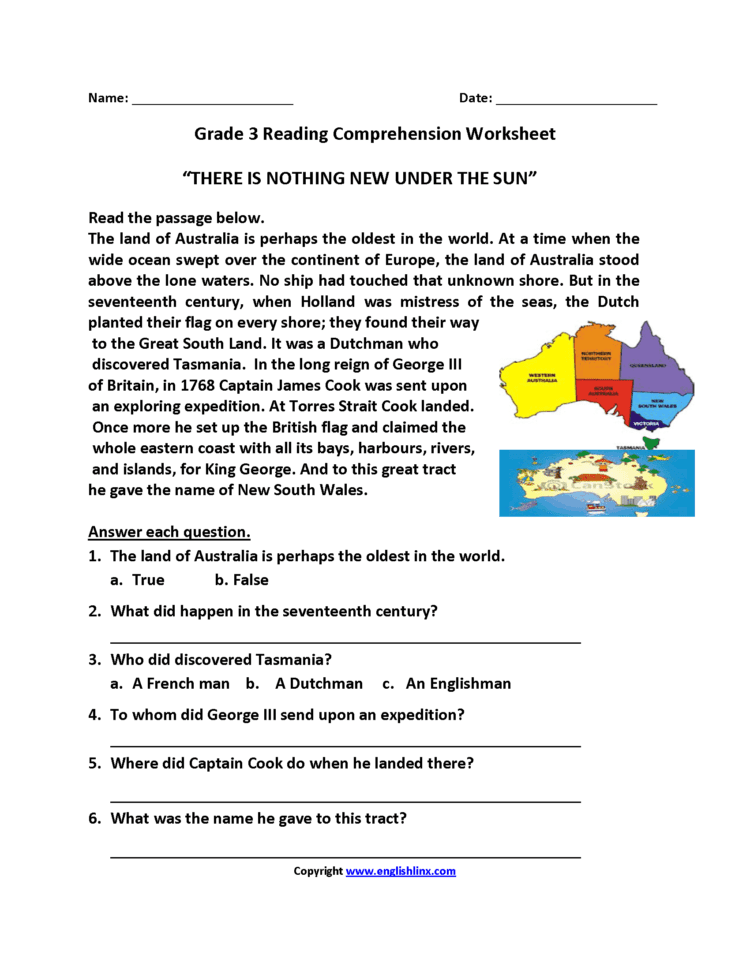 Reading Worksheets  Third Grade Reading Worksheets
