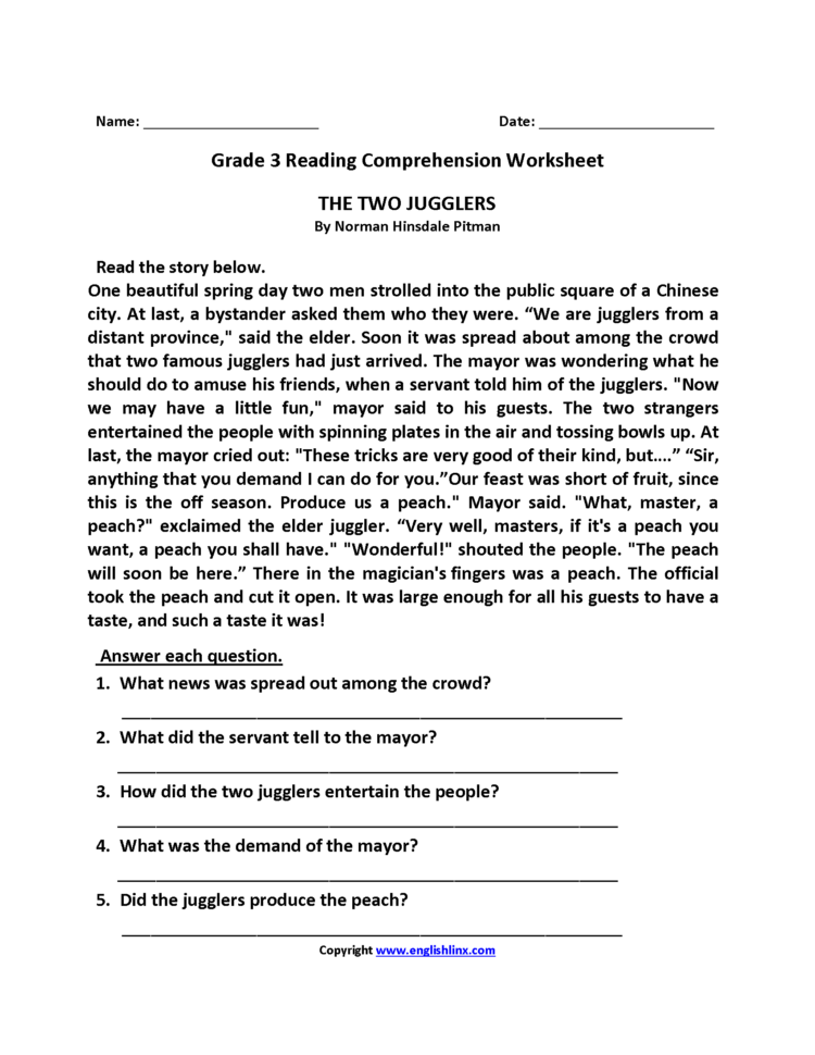 Reading Worksheets  Third Grade Reading Worksheets