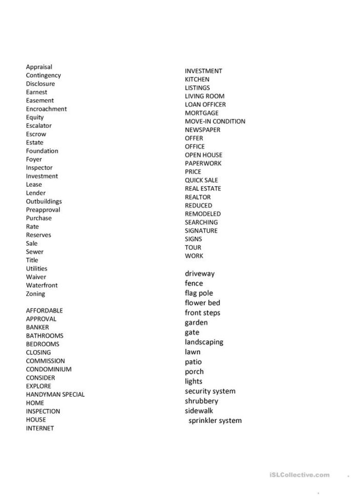 Real Estate Vocabulary  English Esl Worksheets