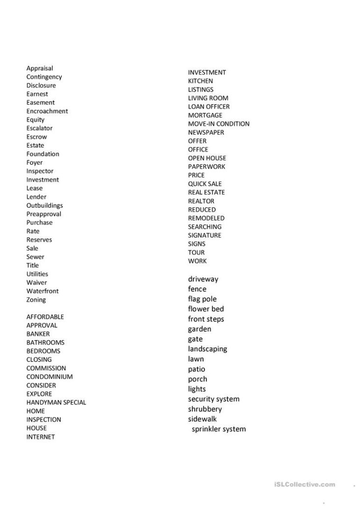 Real Estate Vocabulary Worksheet — db-excel.com