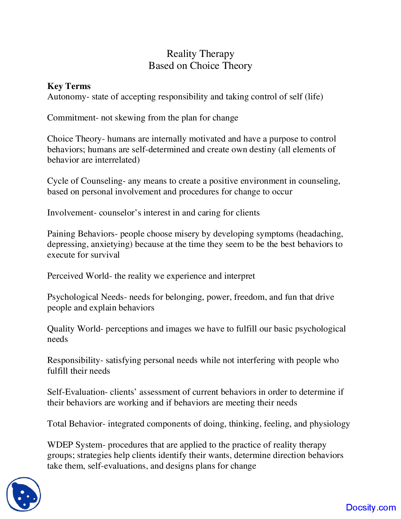 Reality Therapy  Theories Of Counseling  Lecture Notes  Docsity
