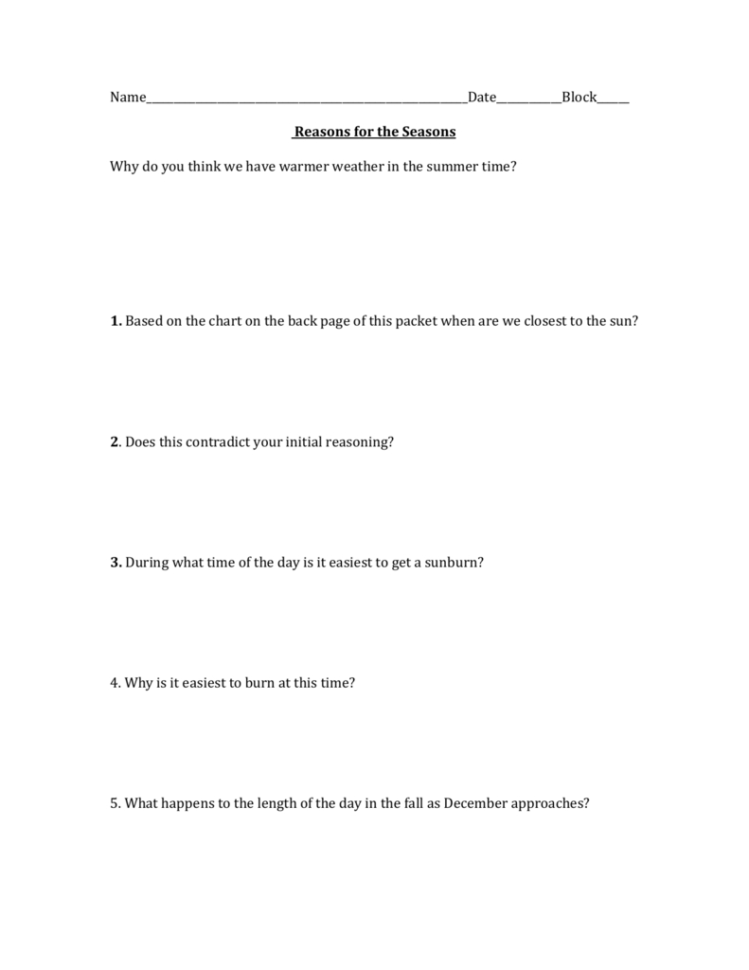 Reason For Seasons Worksheet