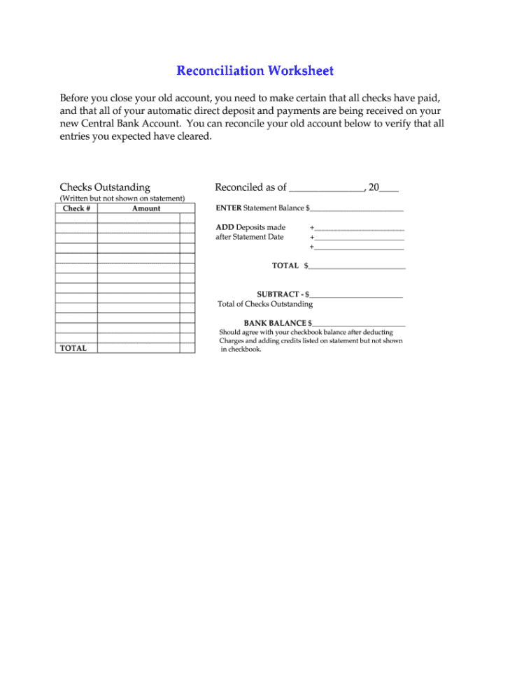 Reconciliation Worksheet  Fill Online Printable Fillable