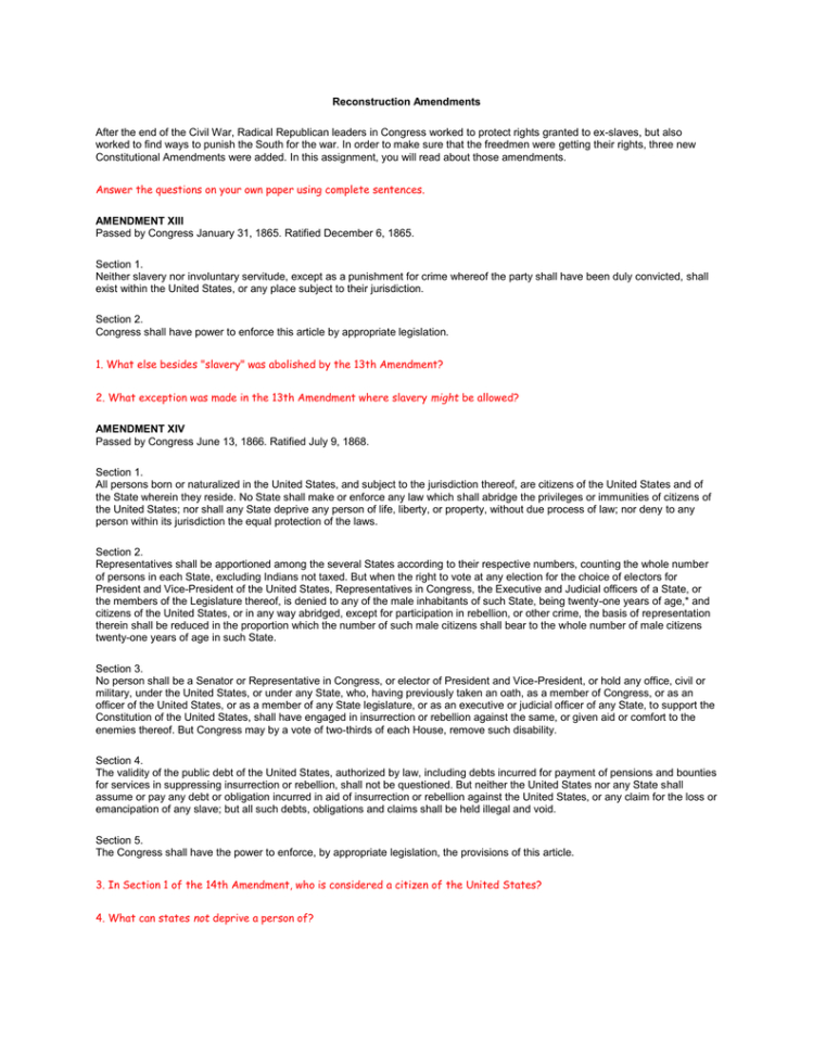 Reconstruction Amendments Worksheet