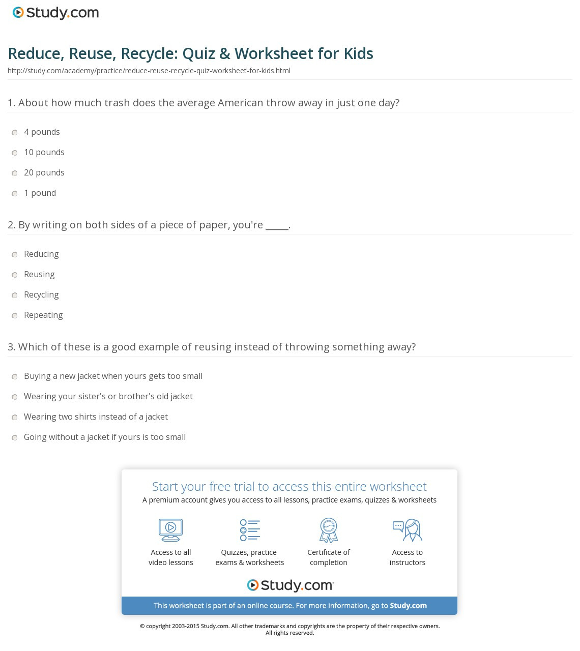 Reduce Reuse Recycle Quiz  Worksheet For Kids  Study