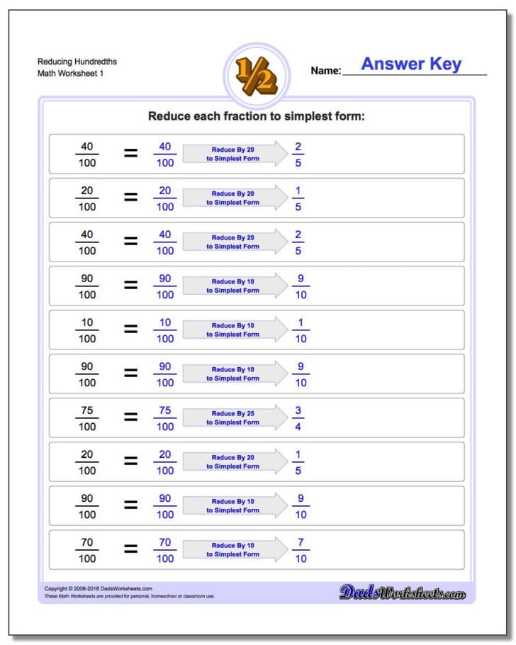 Reducing Fractions To Lowest Terms Worksheets