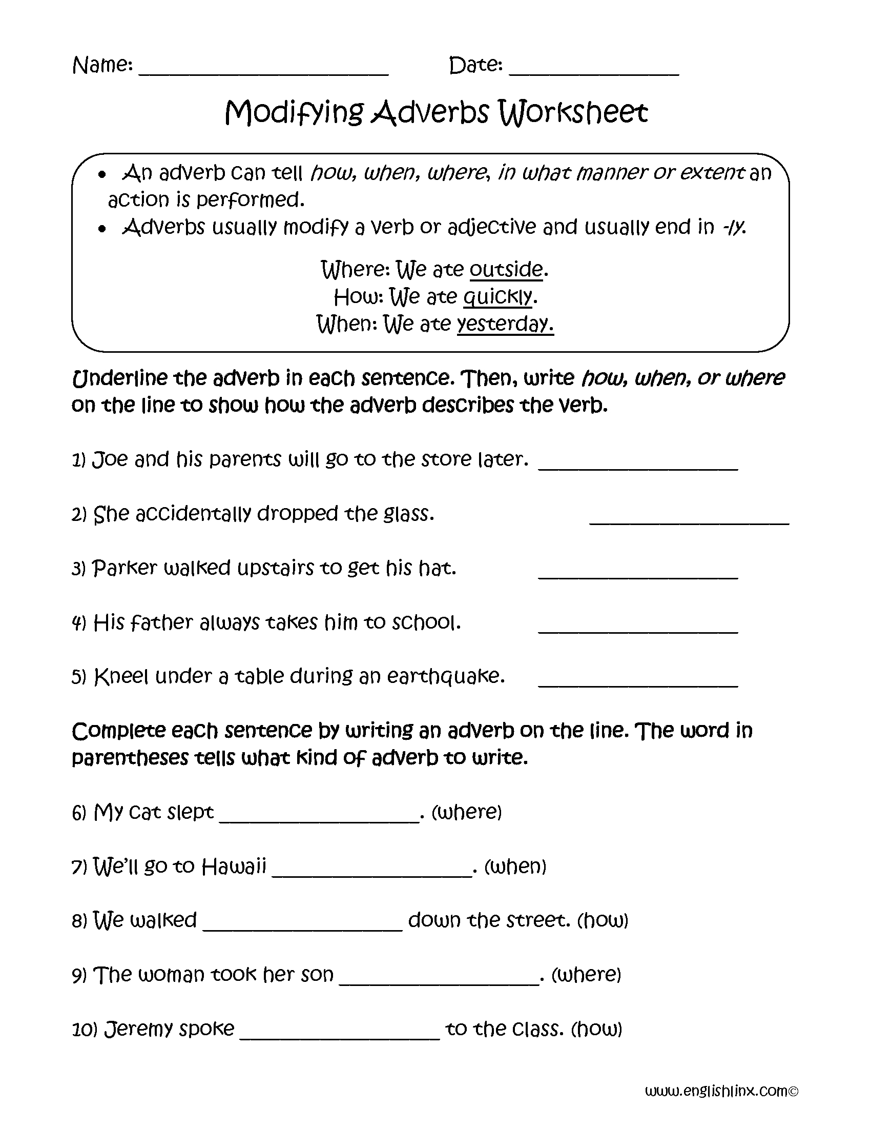 Free Printable Adverb Worksheet