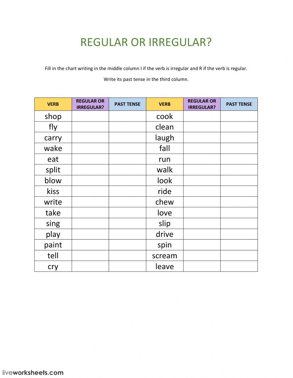 Regular Irregular Verbs Worksheet Db excel