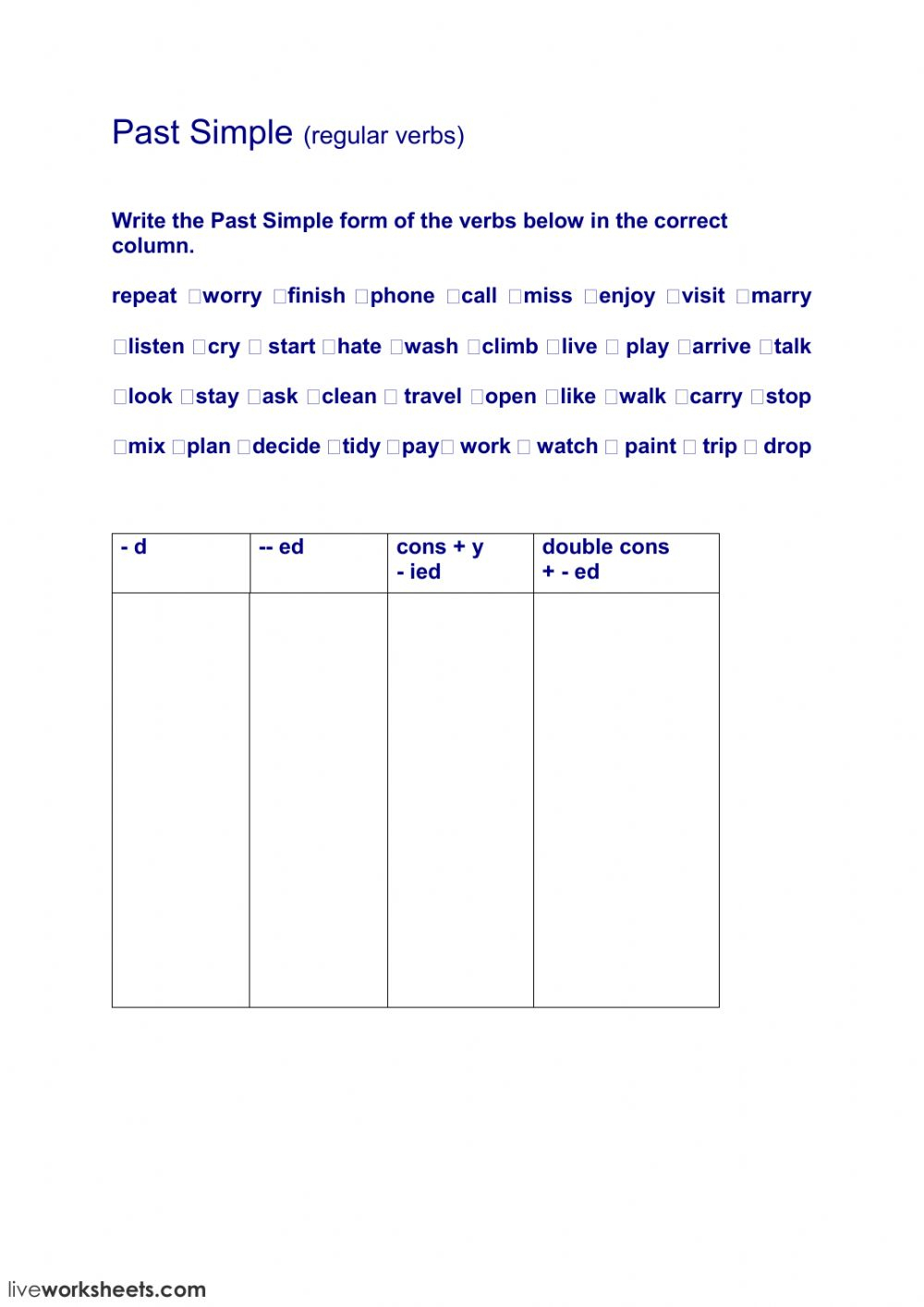 Regular Verbs Past Simple Worksheet