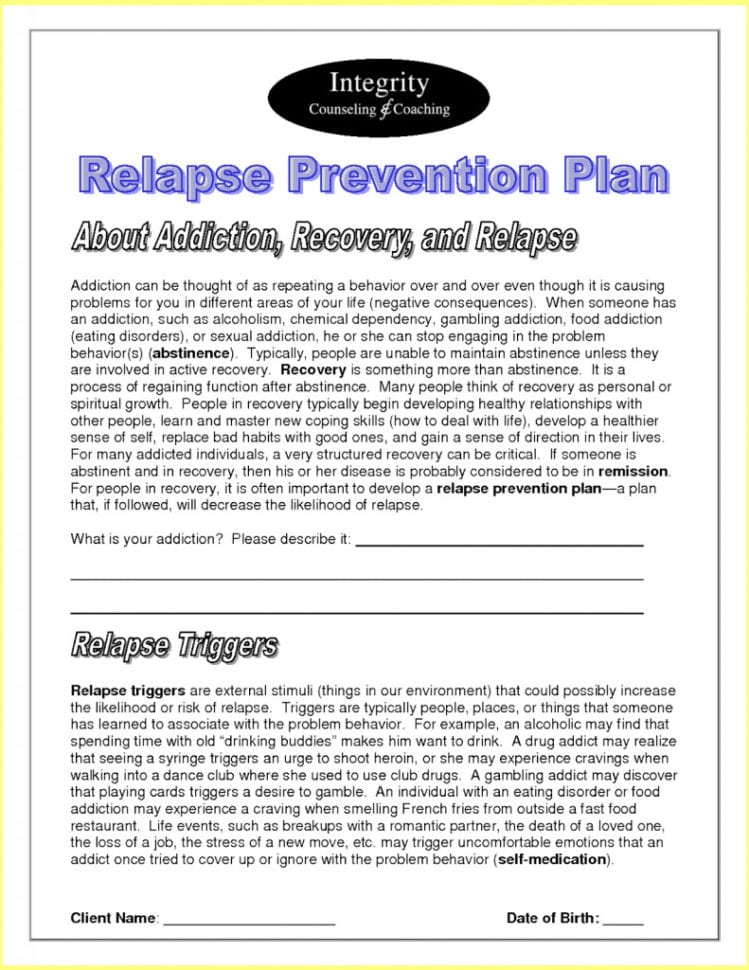 Relapse Prevention Plan Worksheet  Soccerphysicsonline