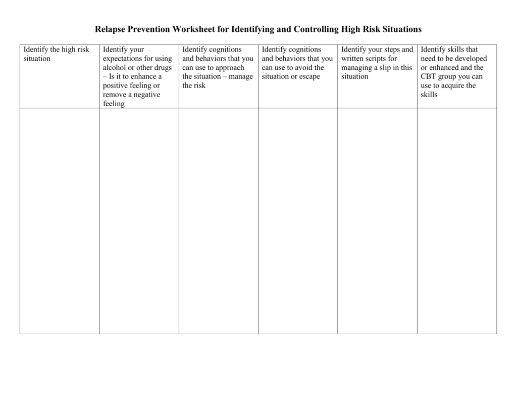 Relapse Prevention Worksheet For Identifying And Controlling