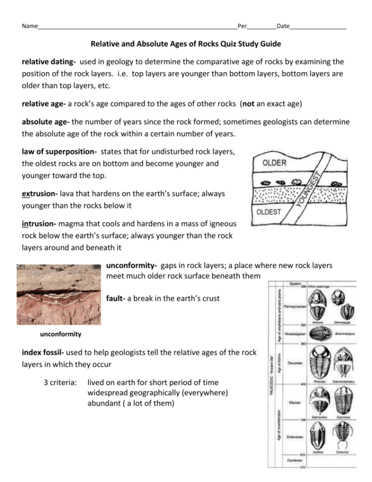 Relative And Absolute Ages Of Rocks Quiz Study Guide