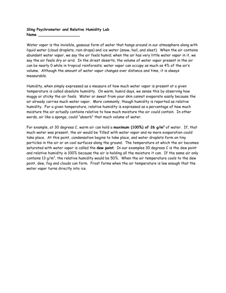 Relative Humidity Worksheet