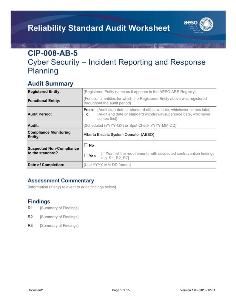 Reliability Standard Audit Worksheet Cip008Ab5 Cyber