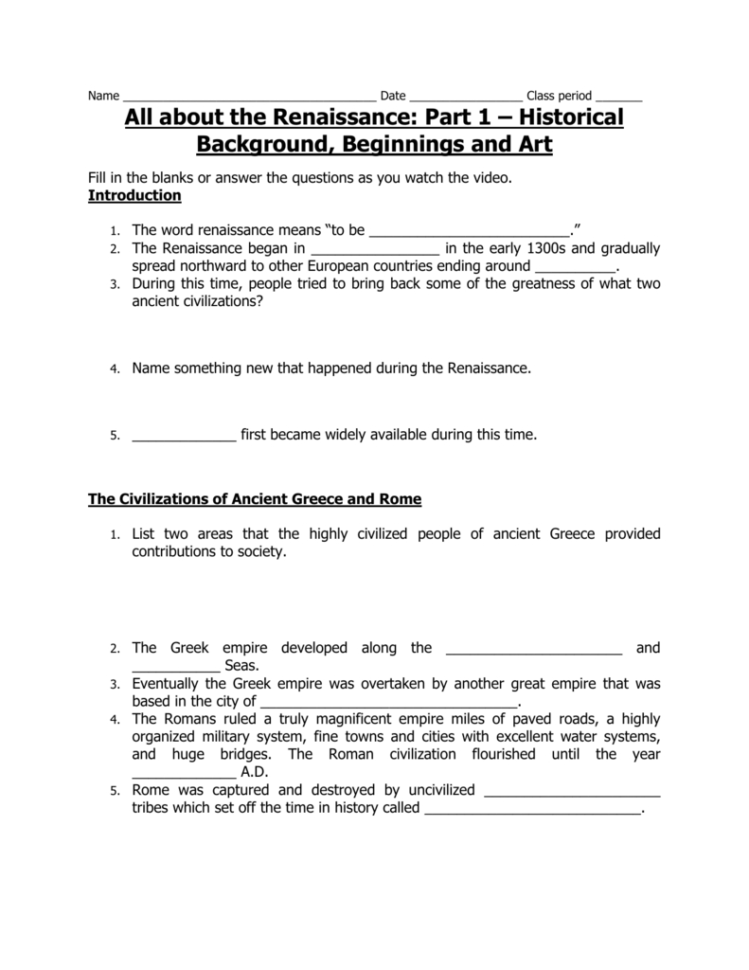Renaissance Worksheets For Video Renaissance Worksheets For Video