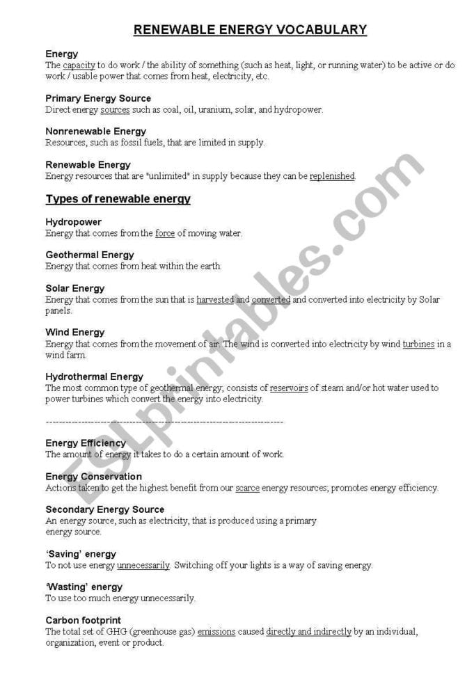 Reneble And Non Reneble Energy Worksheet Advanced  Esl