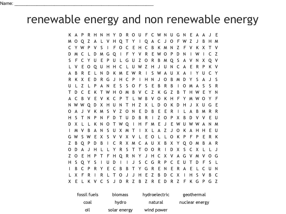 Reneble Energy And Non Reneble Energy Word Search  Word