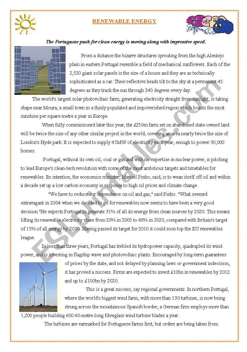 Reneble Energy Reading Comprehension  Esl Worksheet