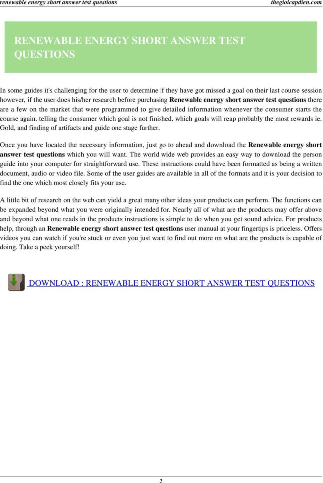 Reneble Energy Short Answer Test Questions  Pdf