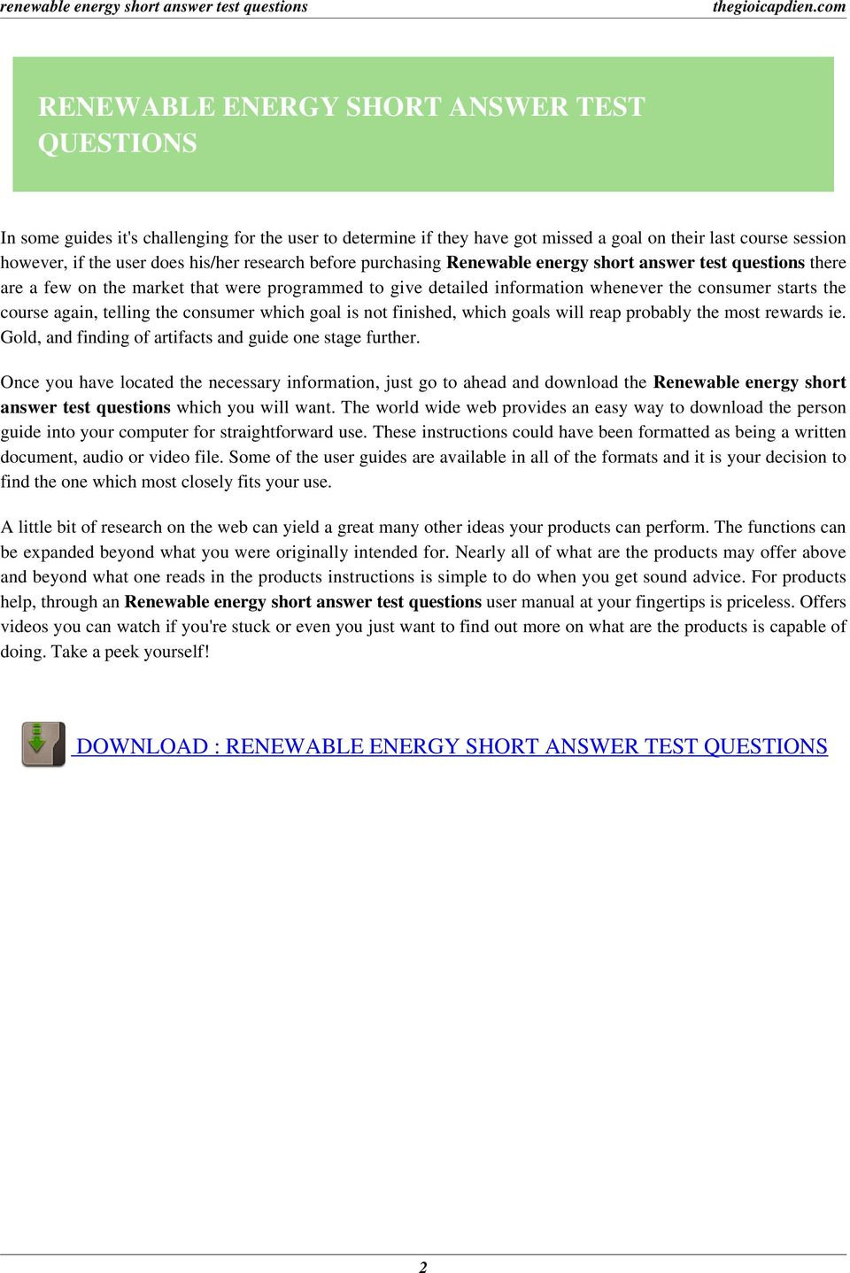 Reneble Energy Short Answer Test Questions Pdf Db excel