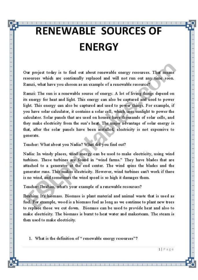 Reneble Sources Of Energy  Esl Worksheetaseell