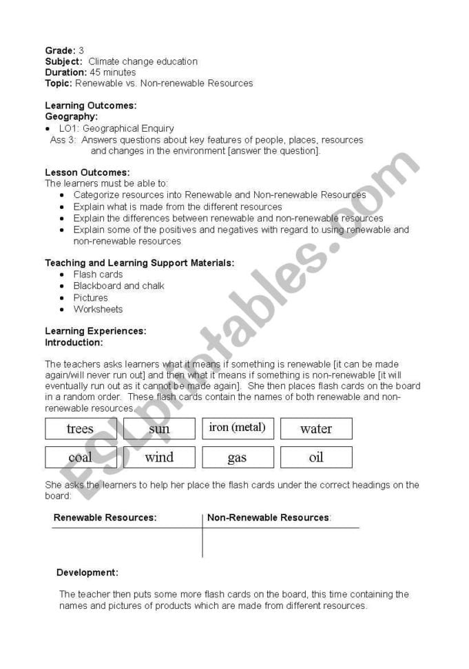 Reneble Vs Nonreneble Resources  Esl Worksheet