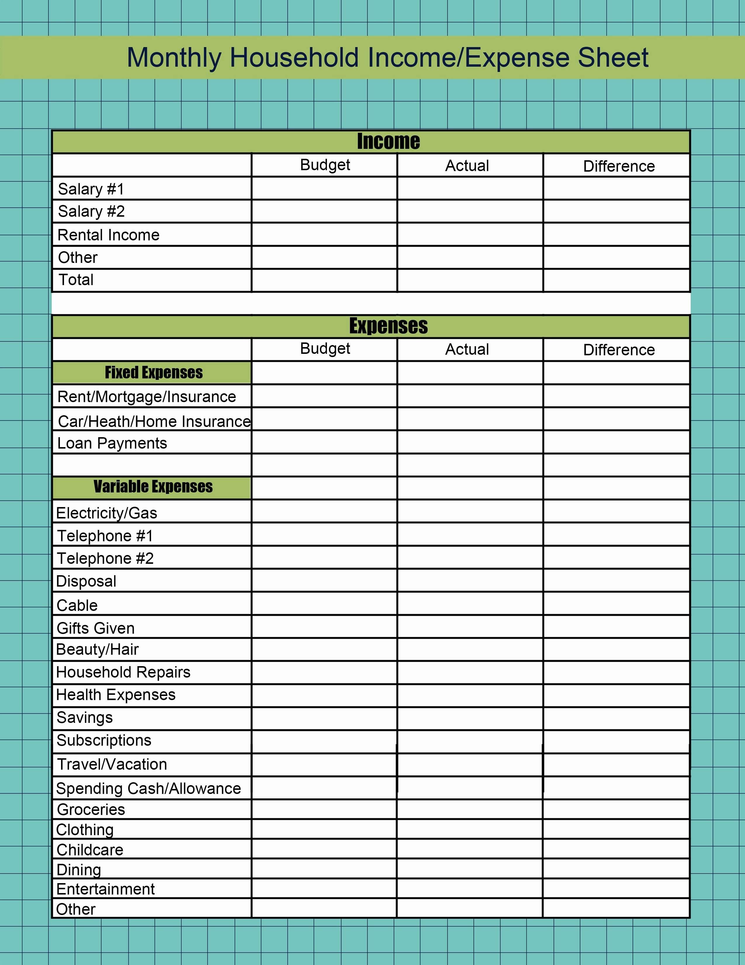 monthly household expense tracking spreadsheet