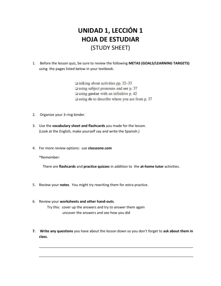 Repaso Sheet With Metas U1L1