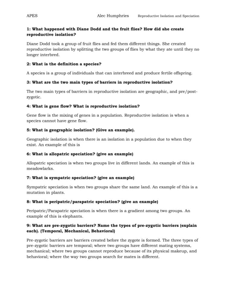 Reproductive Isolation And Speciation