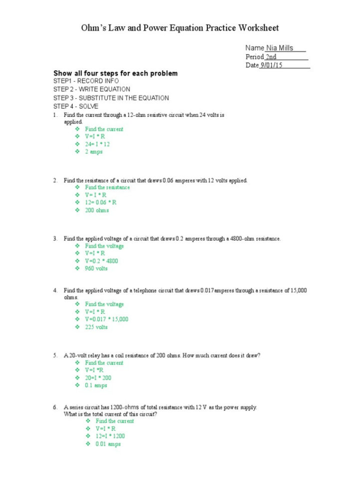 Resistance E Ohm S Law Ohm's Law And Power Equation Practice