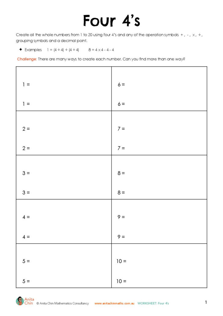 Four Fours Worksheet Pdf